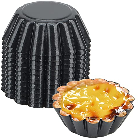 KEILEOHO 12 PCS 6.5cm Mini Non Stick Egg Tart Mould, 2.5 Inch Small Carbon Steel Cupcake Mould for Cake, Cupcake, Egg Tart, Black