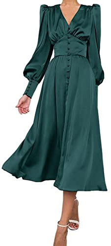 xxxiticat Robe maxi en satin à manches longues pour femme - Manches longues lanternes - Boutonnière - Volants - Une rangée - Vintage - Manches bouffantes - Robe midi, vert foncé, M