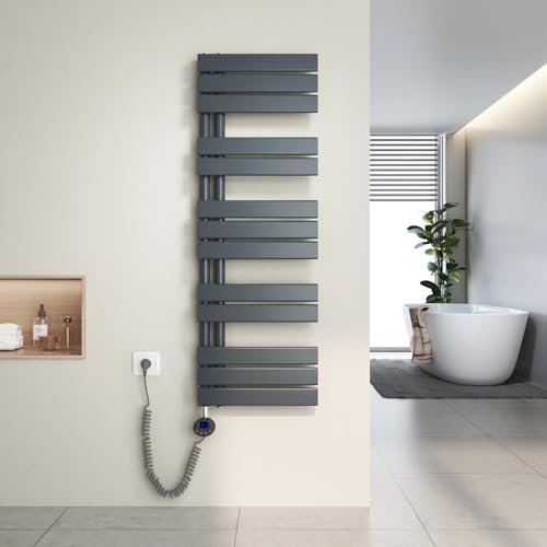 Heilmetz seche Serviette Electrique 400 x 1176 mm,avec élément Chauffant thermostatique et Fonction minuterie, radiateur sèche Serviette Plat, raccordement latéral (Anthracite)