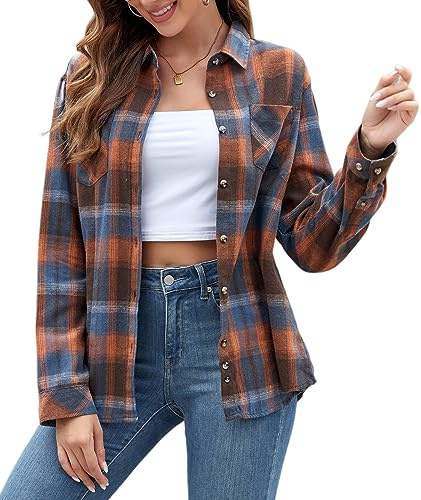 Deer Lady Plaid Flannel Shirts for Women Buffalo Plaid Shirts Oversized Long Sleeve Casual Button Down Blouse Top Orange Blue 3X 0821