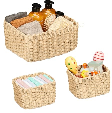 Relaxdays 3 paniers de Rangement, 2 Tailles différentes, pour l’Armoire ou l’étagère, Design tressé, Marron Clair