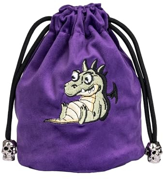 KSNDie Large DND Dice Bag Purple Velvet Storage Bag with Cartoon Dragon Pattern for Role Playing Games Tabletop Games - Capacity 100+ Polyhedral Dice