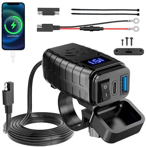 Chargeur SAE Quick Charge 3.0 Type-C et USB Interrupteur Marche/Arrêt Voltmètre LED 12V ~ 24V Étanche pour Camping-Car Moto
