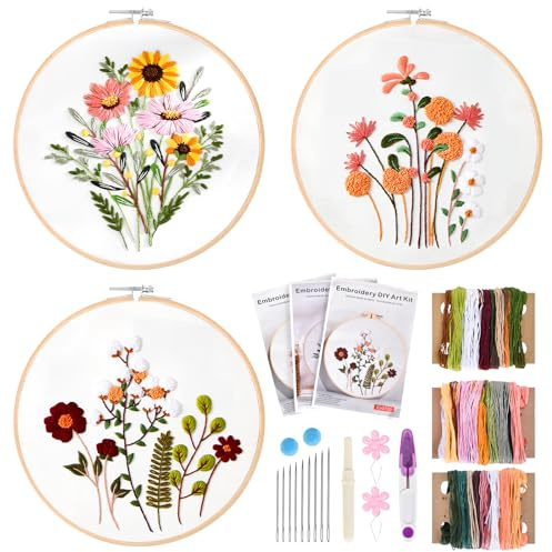 Zimoer Kit De Inicio De Bordado,Kit Bordado Principiantes,Juegos De Bordar Con Planta De Flor Patrones,Punto De Cruz Kit,Con Aros De Bordado,Tela Bordada, Hilos,Para Principiantes, Aficionados