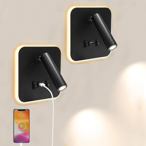 Mhwgo 2Pcs Applique Murale Interieur, Liseuse de chevet LED, Lampe de Lecture col de cygne flexible avec Port de Charge USB et Interrupteur, 360°Réglable Lampe de Lit Spot pour chambre escaliers