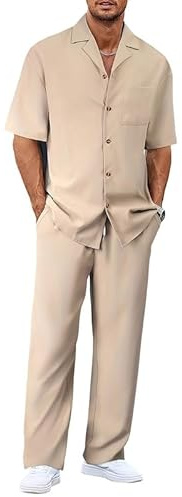 Oanviso Ensemble Homme Ete Chic Chemise et Pantalon D'été Costume 2 Pieces Décontracté Tenue Elegant Survêtement Jogging Sportswear Respirant Plage Outfit Abricot M