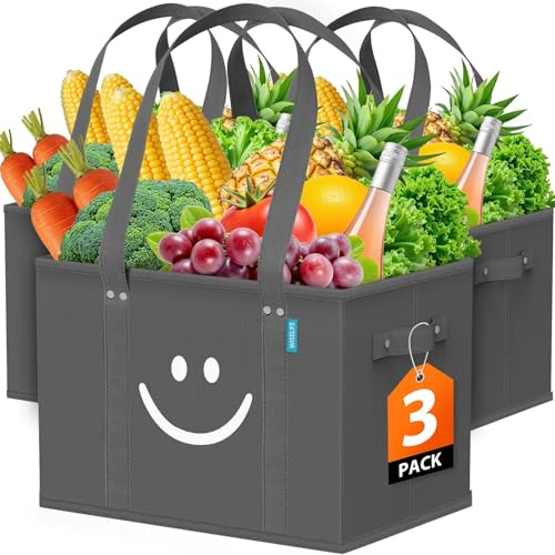 Reusable Grocery Bags 3 PCS, Sturdy Handles & Bottom to Stands Upright
