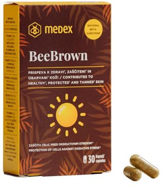 Medex BeeBrown Bräunungskapseln – Natürliches Beta Carotin hochdosiert, mit Propolis, Vitamin C, E, A, Niacin, Kupfer & Selen – Für gesunde, geschützte & gebräunte Haut – 30 Kapseln