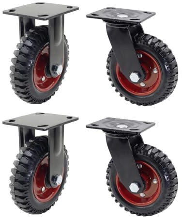 Ruedas Para Muebles Pesados 215mm,Juego De 4 Ruedas Giratorias,Ruedas Neumáticas Silenciosas Sobre Llantas De Acero Con Amortiguación,Adecuadas Para Carros y Transportadores(Rojo)
