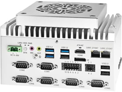 Glovary Fanless Mini PC i5 1235U (10C12T, up to 4.4GHz), 2 x i210AT Gigabit LAN, Linux Industrial Computer Din Rail, Barebone, 6 x RS232 COM, 8 Pin GPIO, USB3.2, 9-36V Auto Power on
