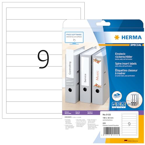 HERMA Etichette per Raccoglitori, 190 x 30 mm, Etichette Adesive A4 per Stampante, 9 Etichette per Foglio, Bianco