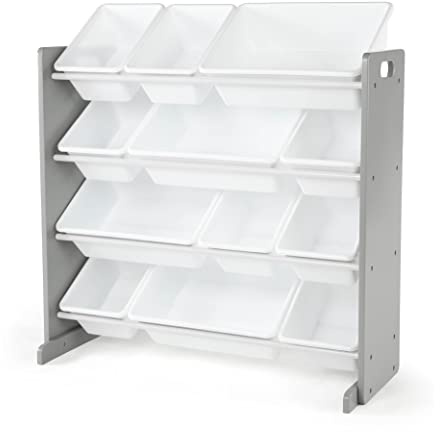 Humble Crew Wooden Toy Storage Organiser for Children & Toddlers, with 12 BPA Free Plastic Removeable Storage Bins, Ideal for Storing Toys, Games, Books and Craft Supplies - Grey/White