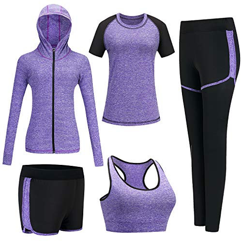 BOTRE Damen Traingsanzug Sport Set 5er-Set Sportanzüge Jogginganzug PLm Fitness Yoga Kleidung Laufbekleidung Sportswear Yoga Outfit Damen BH Leggings Set(Lila, X-Large)