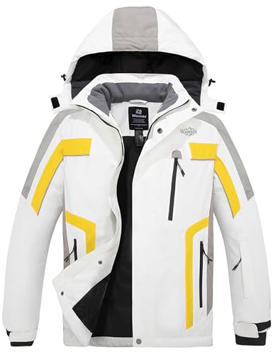 Wantdo Chaqueta de esquí impermeable para hombre al aire libre a prueba de viento deportes abrigo cálido invierno nieve abrigos montaña snowboard chaquetas Blanco y amarillo L