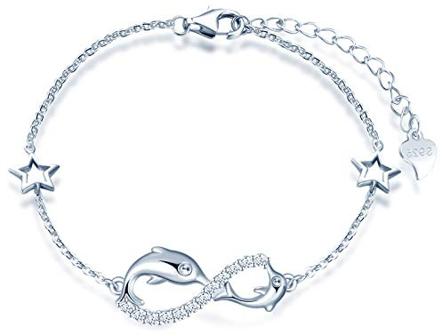 INFINIONLY Bracelet en Argent 925 pour Femme et Fille - Symbole de l'Infini avec Dauphin Mignon, Décoré de Diamant, Cœur ou Étoile - Zircon Incrusté, Élément Animal