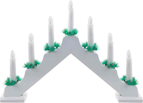 PMS VFM - White Wooden Candle Bridge 7 Led Battery Powered Traditional Christmas Decoration Light for Window Sill Or Mantlepiece with Festive Foliage Trimming