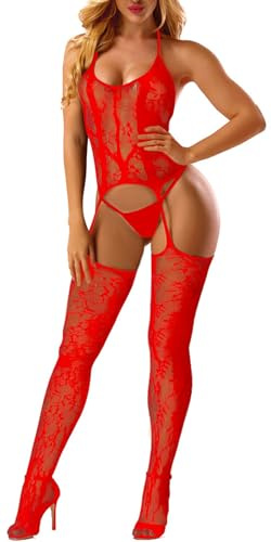 Lingerie Donna Babydoll Camicie da Notte Trasparente Intima Pizzo Halter Sleepwear Hollow Lingerie Giarrettiera Biancheria Prospettiva Pigiama Un Pezzo(Rosso)