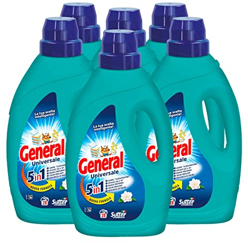 6x detersivo liquido General Universale 5in1 per Lavatrice 28 Lavaggi - 6 Flaconi da 1,26L ciascuno
