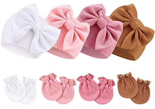 AQOKKA Newborn Baby Hats and Mittens Set Infant Bow Beanie Cap Toddler Gloves Newborn Hospital Hats for Baby Boy Girl Kid 0-6 Months