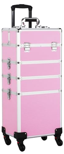 Yaheetech 4 in 1 Beauty Case Rolling Cosmetics Organiser Makeup Vanity Case Lockable Hairdressing Trolley Pink