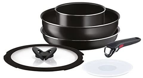Lagostina Ingenio Essential Plus Set di Pentole e Padelle Antiaderenti in Alluminio per Gas e Forno, 6 Pezzi, Casseruola Fonda 16cm, Padella 26cm, Wok 26cm, 2 Coperchi e Manico Removibile