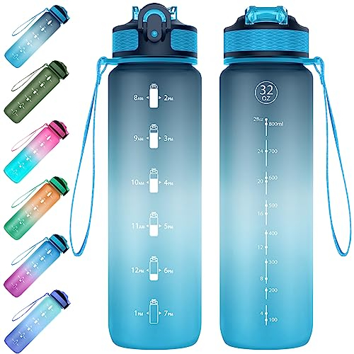EYQ 1L Water Bottle, 1 Litre Water Bottle with Straw, 32oz Leak-Proof Motivational Sports Drinks Bottle with Time Marker, Tritan BPA-Free, Drinking Waterbottles for Fitness, School, Gym Outdoor Sports