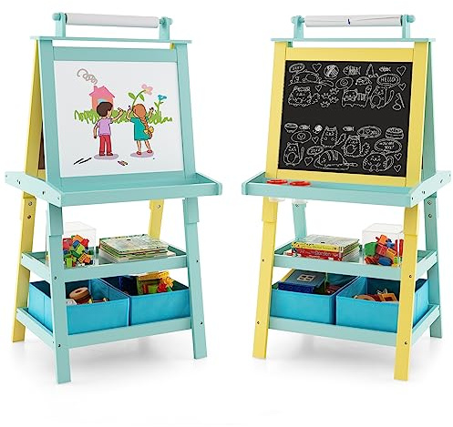 COSTWAY 3 in 1 Cavalletto per Bambini con Doppia Faccia, Cavalletto per Disegno con 2 Vassoi e 2 Scatole, Lavagna Bambini in Legno (Verde)