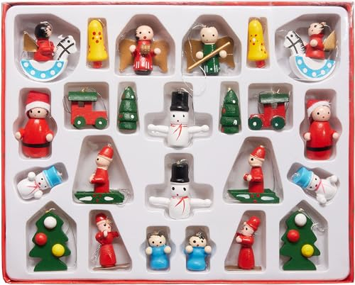 BRUBAKER 24 Pièces de Décoration Arbre de Noël en Bois - Figurines jusqu'à 4 cm - Set de Pendentifs Peints à la Main - Traditionnels Sapins, Père Noël, Anges