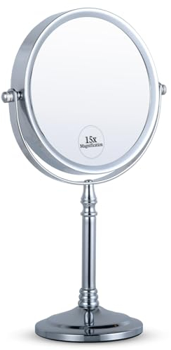 Mirrorvana 15X Vergrößerung Kosmetikspiegel mit Ständer - Doppelseitiger Schminkspiegel, 15-Fach und 1-Fach Vergrößerungsspiegel fürs Bad, 30cm x 15cm (Chrom)