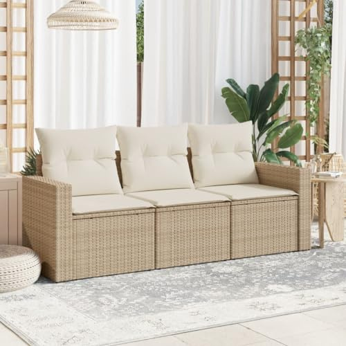 Gecheer Set Divano 3 Posti da Giardino, Esterno, Patio, Terrazzo, Polyrattan Beige, Cuscini Crema, Modulare, 65.5 x 62 x 69 cm