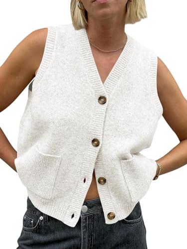 Saodimallsu Pull sans manches pour femme - Coupe ample - Gilet en tricot - Bouton en V - Tricot tendance et décontracté - Avec poches