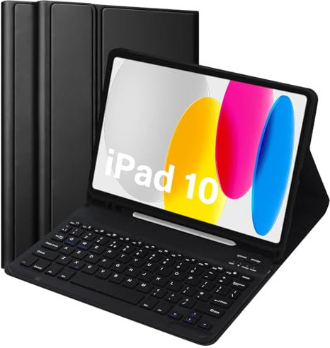 KTOITION Keyboard Case with Mouse for iPad (A16) 11th Generation 11 Inch 2025/iPad 10th Generation 10.9 Inch 2022, UK Layout,Detachable Keyboard Case, Multi-Angle Viewing, with Pencil Holder, Black