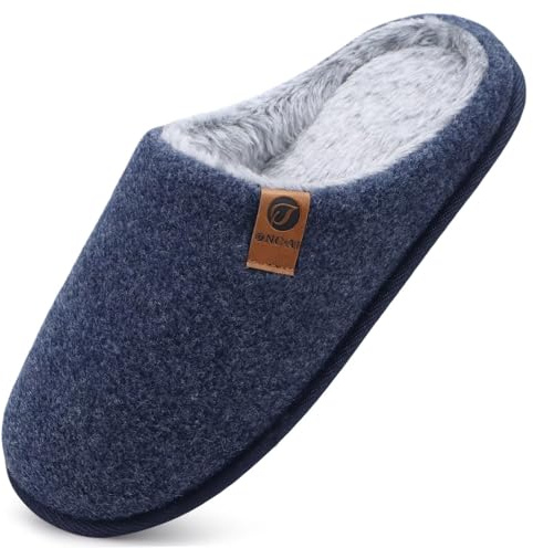 ONCAI Men's Memory Foam Slippers Warm Striped Slippers Fluffy Plush Lined with Non-Slip Rubber Sole, Felt plush blue, 8 UK