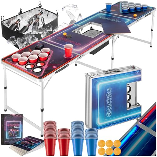 tectake® Beer Pong Table with Height-Adjustable & Folding Aluminium Frame, Luxury Game Table with LED Lighting, Ice Box & Cup Holders, Full Beer Pong Set Incl. 100 Cups, 6 Balls & Card Drinking Game