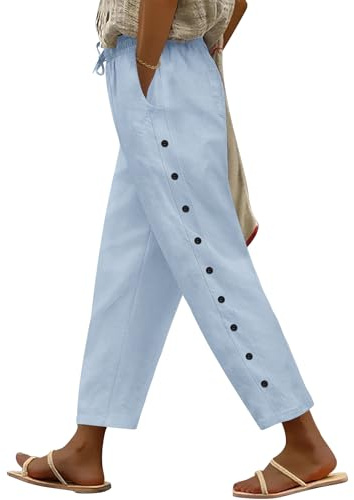 Voqeen Pantalones Verano Mujer Frescos Elástico Casuales Pantalón Anchos de Algodón Ligeros y Cómodos Pantalones Largo con Bolsillos Cordón 7/8 Pantalón de Playa Cintura Alta Suelto