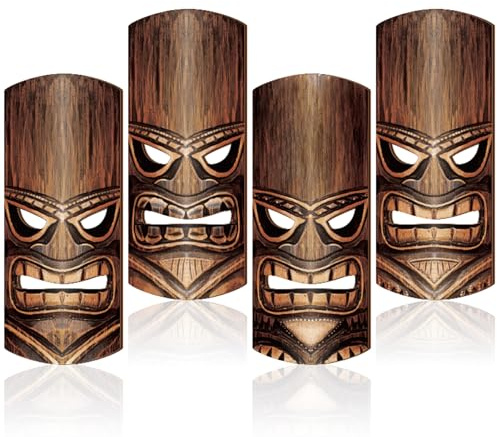 Soulchen 4 Pcs 11.8 Inch Wooden Tiki Masks Tiki Totem Hanging Decorations Island Tropical Polynesian Party Wood Wall Decor for Hawaiian Luau Bar