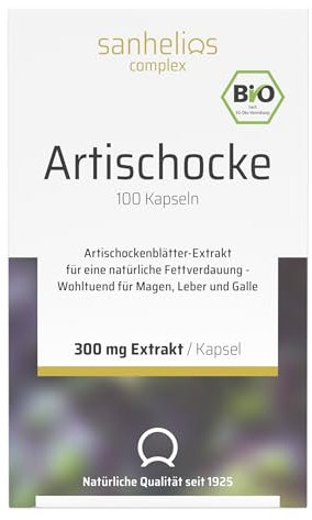 Sanhelios BIO Artischocke Kapseln | Hochdosiert aus ca. 20.000 mg BIO Artischocke | mind. 7,5 mg Cynarin | Für die natürliche Fettverdauung | BIO Qualität | vegan | 100 Kapseln