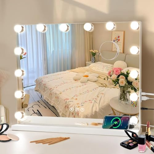 Tuocal Hollywood Vanity Mirror with Lights, 50×42cm Lighted Makeup Mirror with 14 Dimmable Led Bulbs, 3 Lighting Modes, USB Output Port Smart Touch Screen Control for Bedroom, Dressing Room