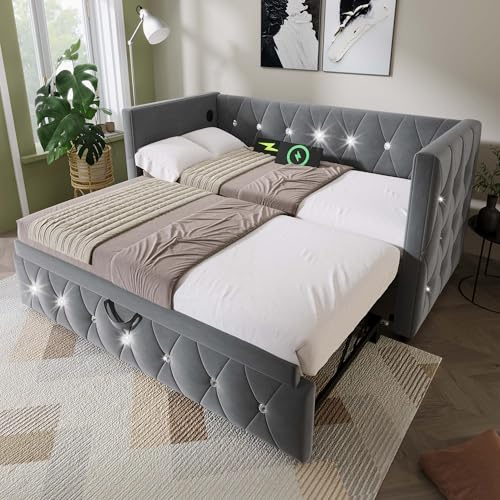 EINHOM Daybed, Single Bed Frame with Trundle, 3ft Sofa Bed with Charging Ports, Pull Out Bed for Living Room and Bedroom, Velvet, (No Mattress) (Grey)