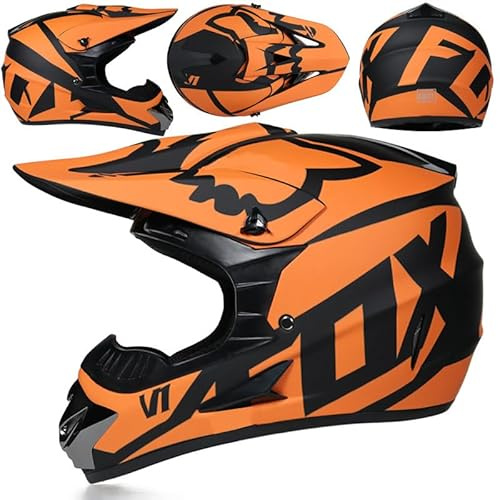 Casque De Moto pour Jeunes Casque De Motocross Enfants Adultes Casques De Cross Enduro Intégral Certifié Dot/ECE avec Lunettes Masque Gants Casques De Descente VTT,Orange/A-M