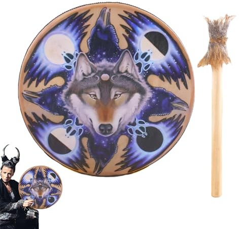 Shaman trumma: 23 cm handtrumma, varghuvuddesign, naturlig träkonstruktion | Andlig musik praktisk instrumentell ritual, meditationsresa reflektionsceremoni
