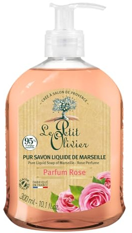 LE PETIT OLIVIER - Pur Savon Liquide de Marseille - Parfum Rose de la Région de Grasse - Nettoie la Peau en Douceur - 95% d'Origine Naturelle - Fabriqué en France - 300 ml