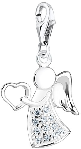 Nenalina Charm-Anhänger „Engel mit Herz“ für Armbänder, Hals-Ketten und alle gängigen Charmträger, 925 Sterling Silber mit 12 Cubic Zirkonia, Glücksbringer mit Karabiner für Bettelarmband 716096-019