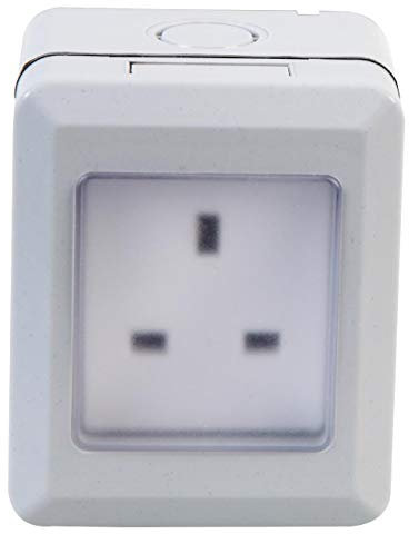 PRO ELEC 1-Gang Weatherproof Mains Socket, IP55 – Outdoor Use, 13A, 250V AC, 20mm Knockouts – PEL00886