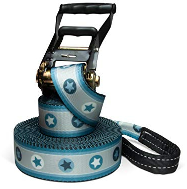 Slackline Set, Sterne blau, 15 Meter Länge, Komplettset für Kinder, Anfänger und Familien, inklusive Halteseil und Tragebeutel