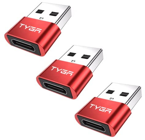 TYGA USB C to USB A Adaptor 2.0 - USB C Female to USB A Male Connector for Charging & Data Transfer, Plug-and-Play, Durable Aluminum Housing, Portable Converter for Android & IOS Devices - 3 Red