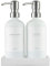 MaisoNovo Seifenspender Bad - Seifenspender Küche - Seifen- und Lotionspender-Set – 500 ml, weißes Handseifenspenderglas mit silberner Pumpe, 2er-Set und Betontablett - Spülmittelspender Küche