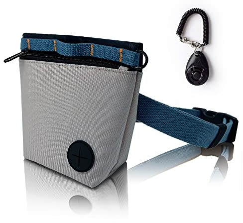 Leckerlitasche für Hunde mit Haustier-Trainingsklicker, Hundetraining-Leckerlibeutel-Set, Magnetverschluss, freihändiges Training. (Grau)