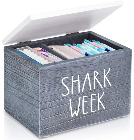 Discreet Tampon Holder for Bathroom with Vanity Tray Lid, Shark Week Bathroom Organizer with Divider, Bathroom Accessories Pad Holder Storage Box for Tampon Case, Period Feminine Product Organizer