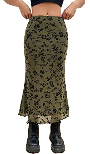 Verdusa Women's High Waisted Mesh Skirt Y2k Outfits Fishtail Bodycon Long Skirts Goth Clothes Army Green Floral Medium